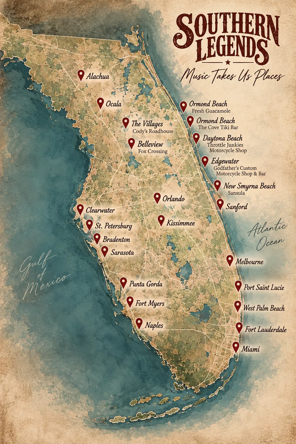 Southern Legends Florida performance locations map